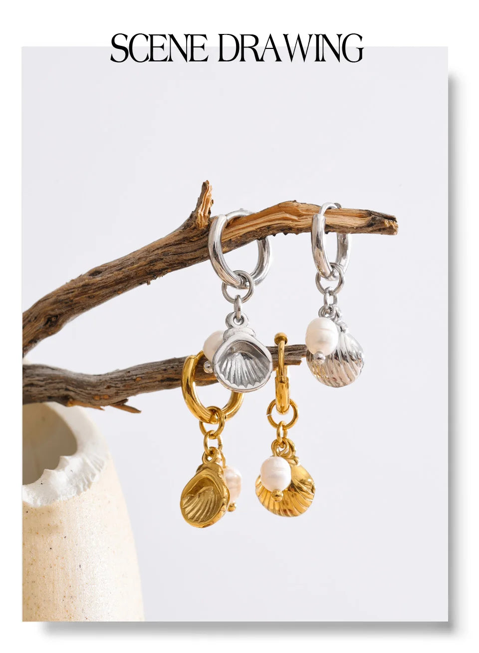 Freshwater pearl shell geometric earrings in gold-plated stainless steel with freshwater pearl and shell.