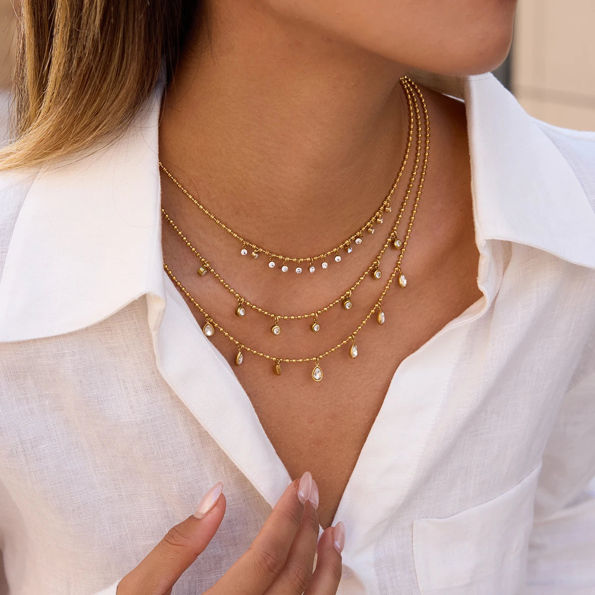 Layered Pearl Charm Necklace — Stainless Steel · PS156