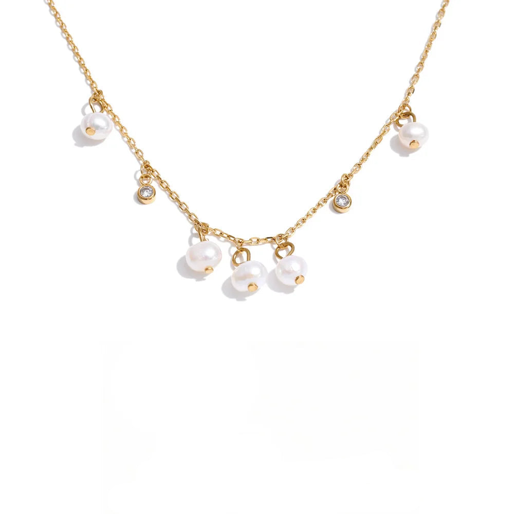 Gold-plated stainless steel necklace with freshwater pearl and cubic zirconia.