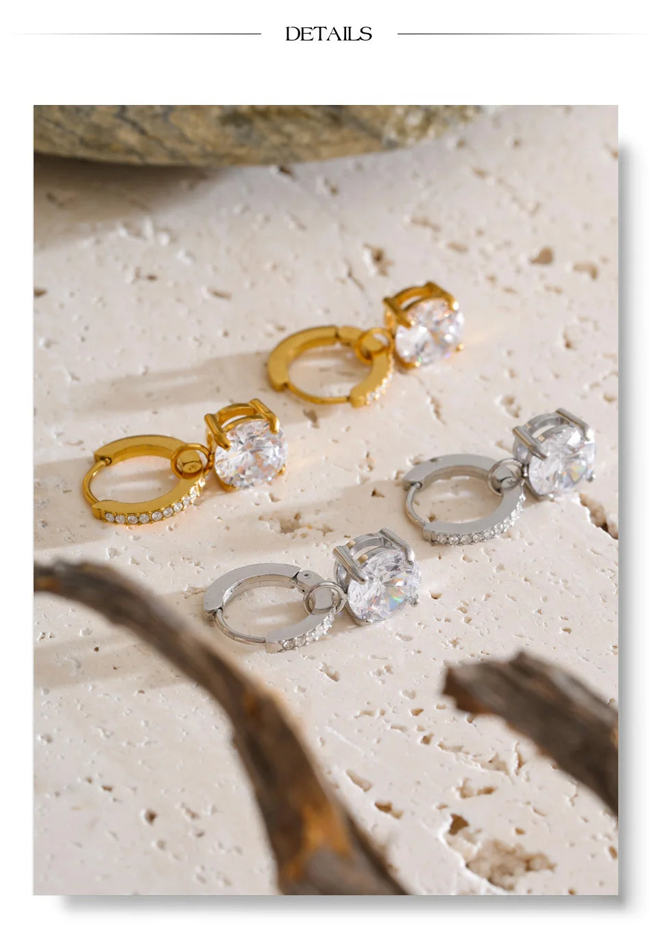Cubic Zirconia Geometric Earrings — Gold-Plated Stainless Steel with Cubic Zirconia · PS1426