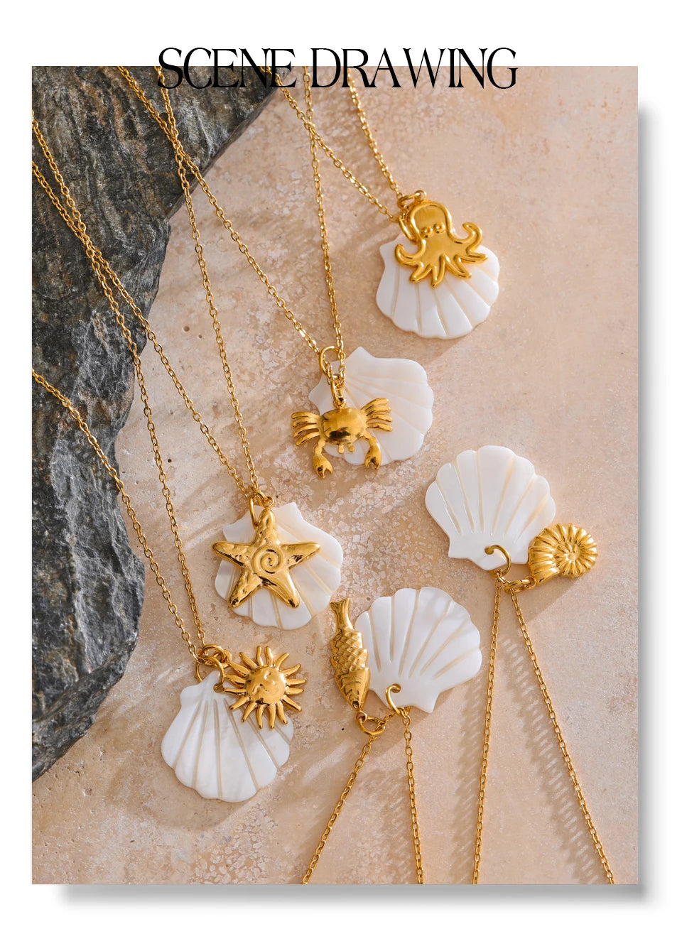 Shell star geometric necklace in gold-plated stainless steel with shell.