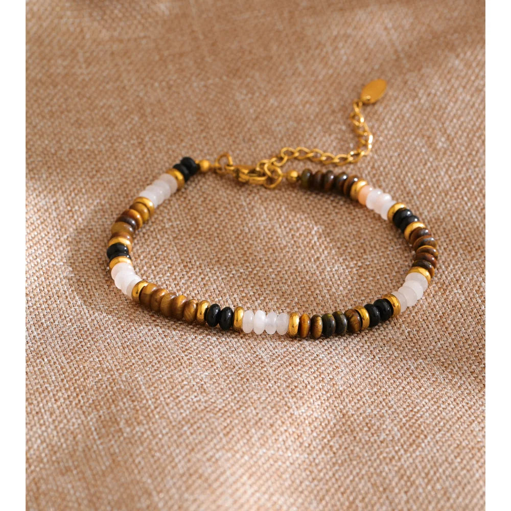 Natural Stone Beaded Geometric Bracelet — Gold-Plated Stainless Steel with Natural Stone · PS1094