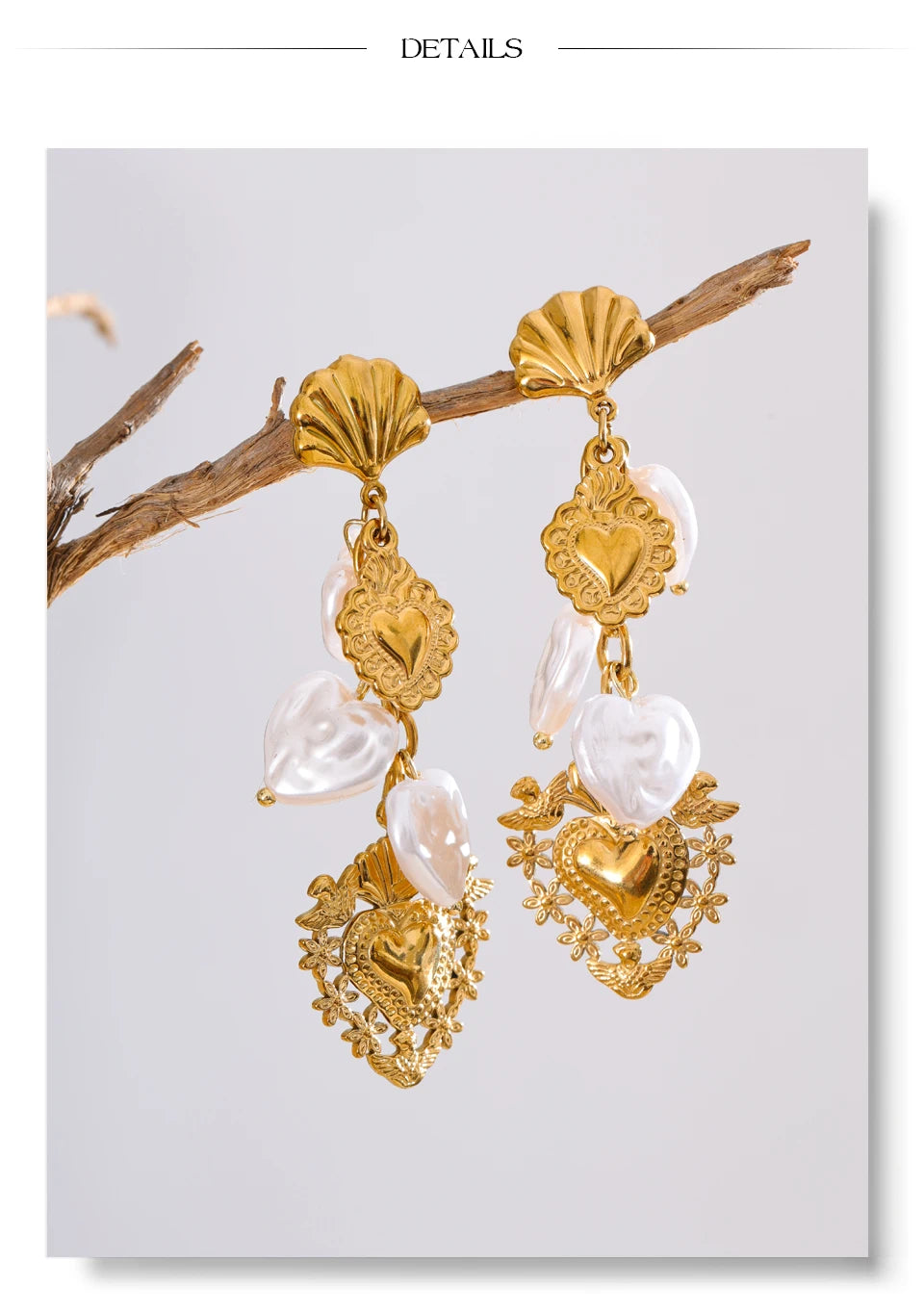 Pearl Heart Earrings — Gold-Plated Stainless Steel with Pearl · PS1587