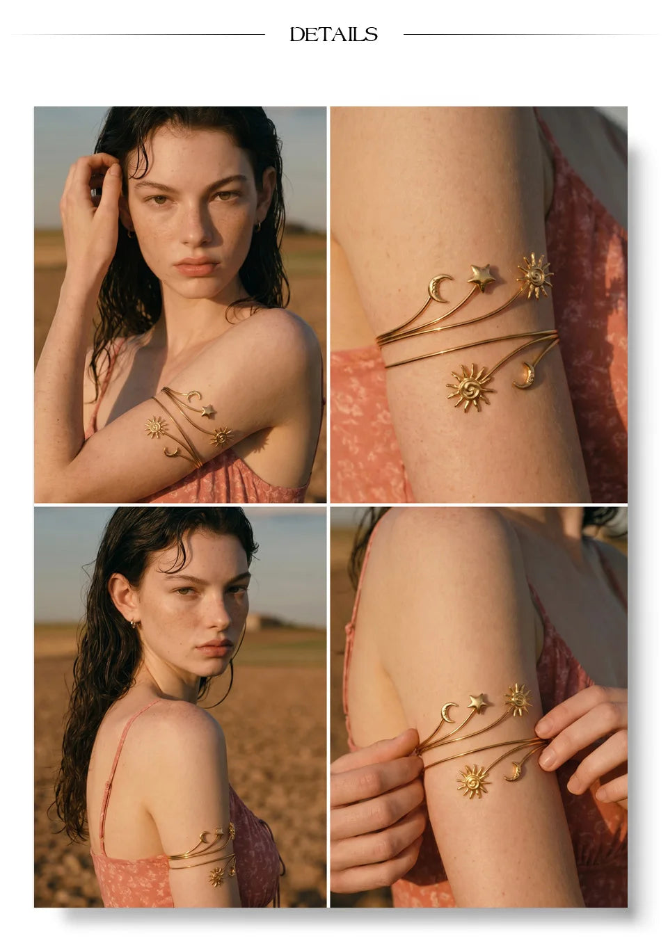 Star moon sun bracelet in gold-plated stainless steel.