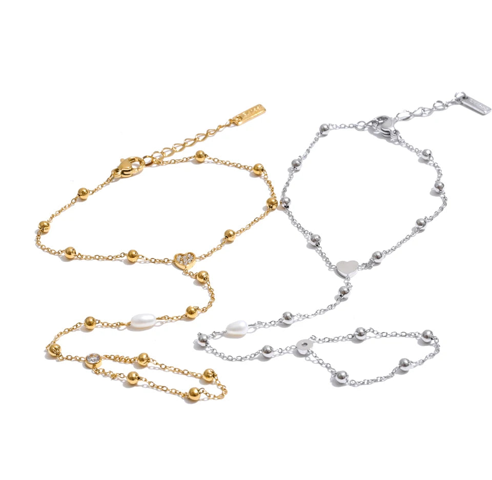 Cubic Zirconia Pearl Geometric Bracelet — Gold-Plated Stainless Steel with Pearl and Cubic Zirconia · PS1330