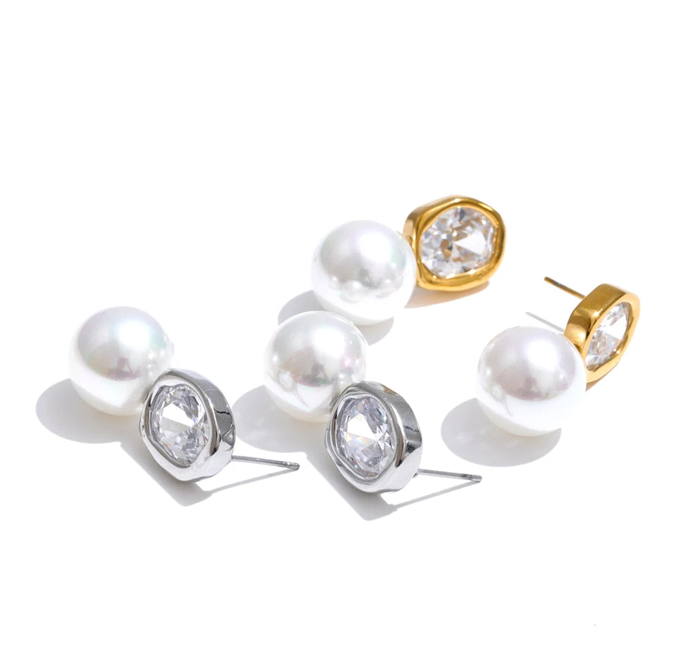Cubic Zirconia Pearl Geometric Earrings — Gold-Plated Stainless Steel with Pearl and Cubic Zirconia · PS1428