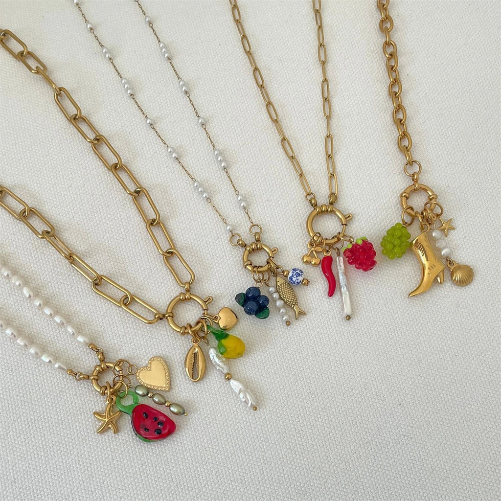 Stainless steel fruit heart boots ins high-end feeling collarbone chain pearl starfish gold-plated color preservation