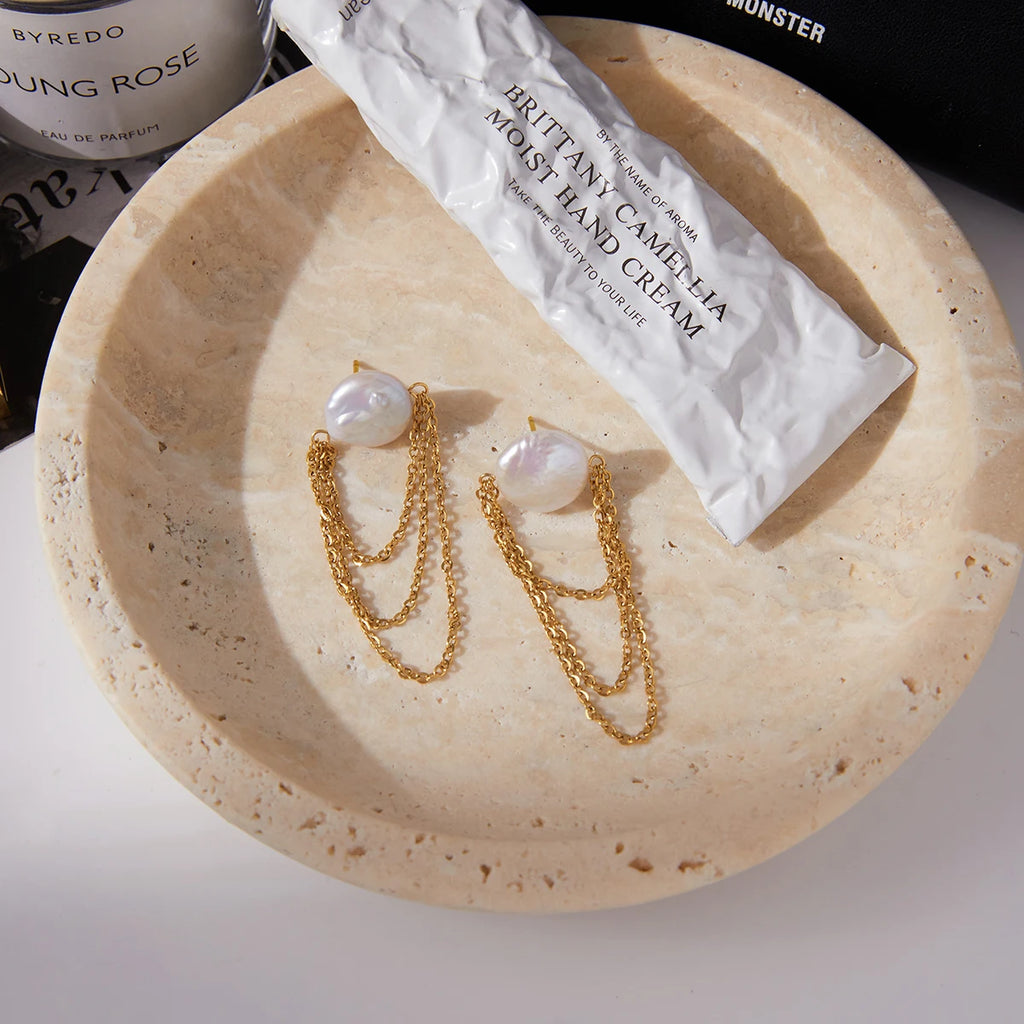 Pearl Chain Ear Cuff Earrings — Stainless Steel · PS084