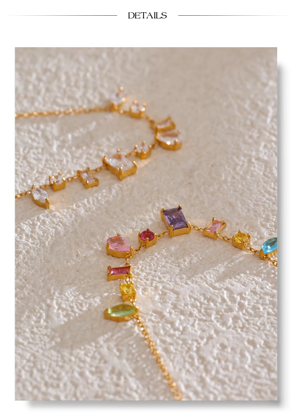 White cubic zirconia multi-color necklace in gold-plated stainless steel with cubic zirconia.
