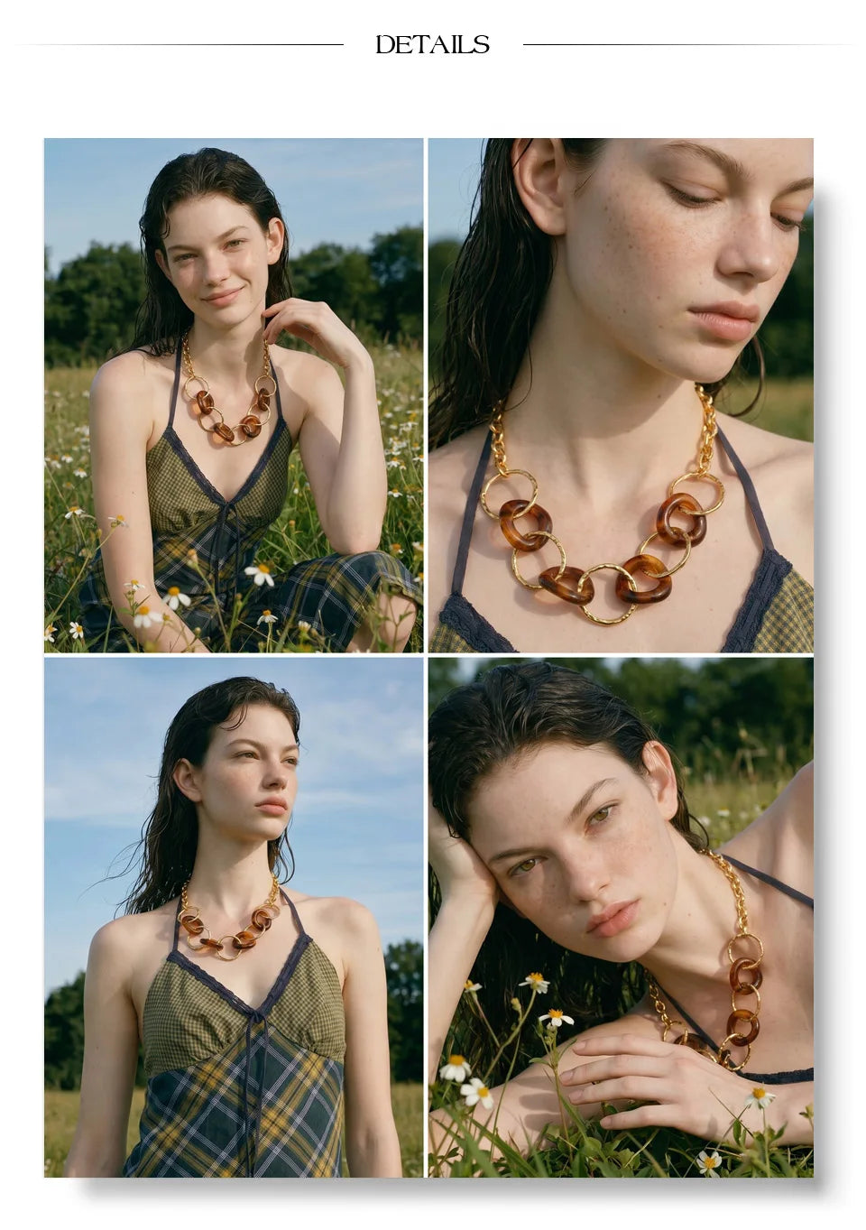Resin acrylic geometric necklace in gold-plated stainless steel with resin and acrylic.