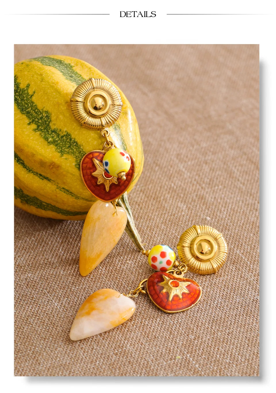 Enamel Natural Stone Heart Earrings — Gold-Plated Stainless Steel with Natural Stone and Enamel · PS1075