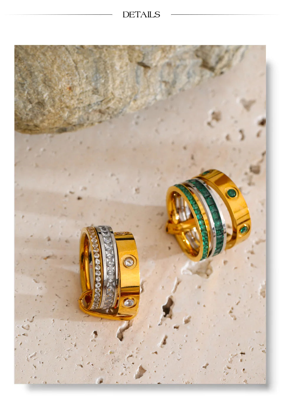 White cubic zirconia geometric ring in 18K gold-plated stainless steel with cubic zirconia.