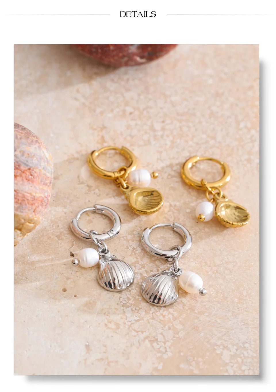 Freshwater pearl shell geometric earrings in gold-plated stainless steel with freshwater pearl and shell.