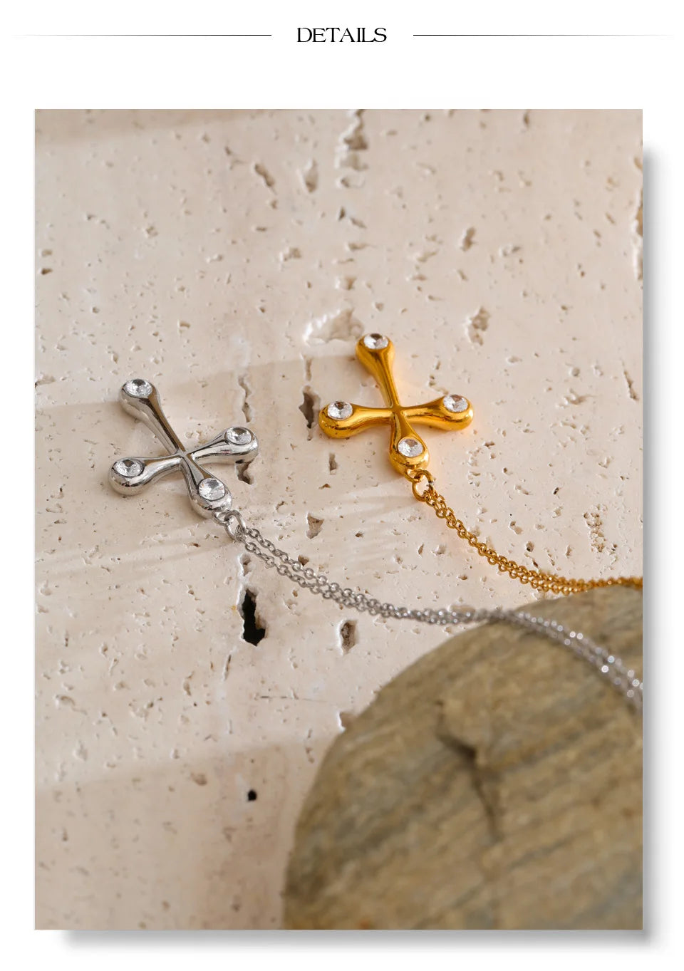Cubic zirconia cross necklace in gold-plated stainless steel with cubic zirconia.