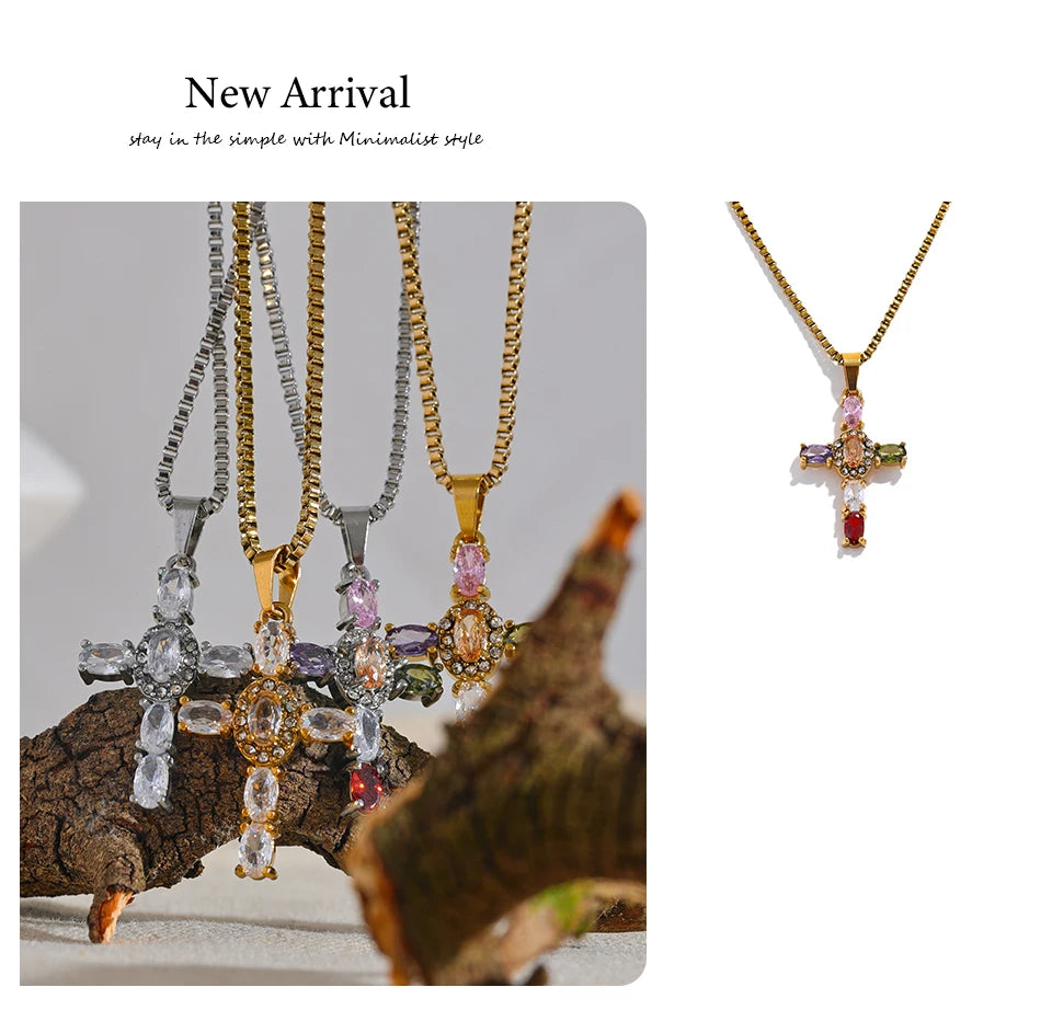 Cubic zirconia cross multi-color necklace in gold-plated stainless steel with cubic zirconia.