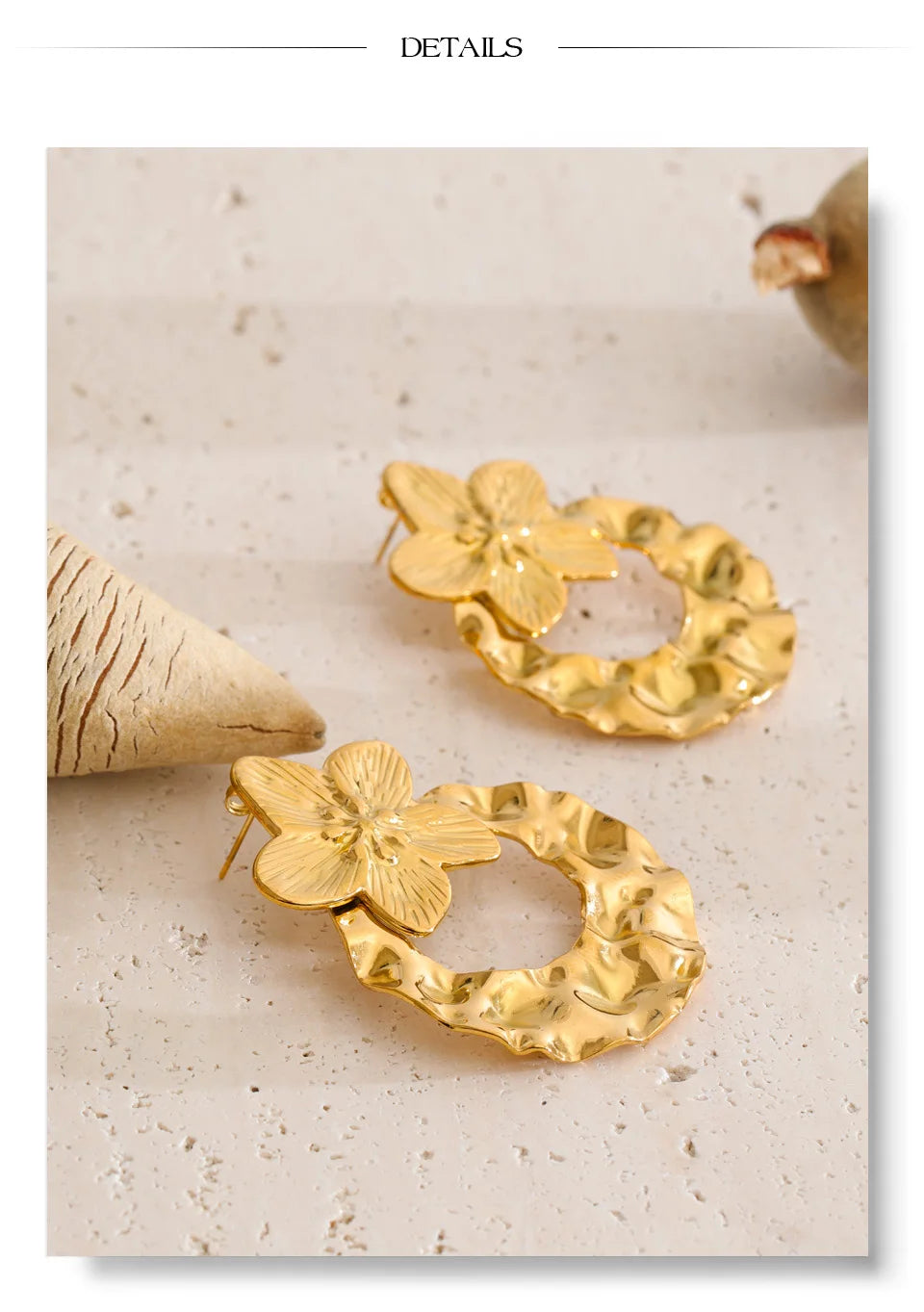 Flower Hammered Earrings — Gold-Plated Stainless Steel · PS1232