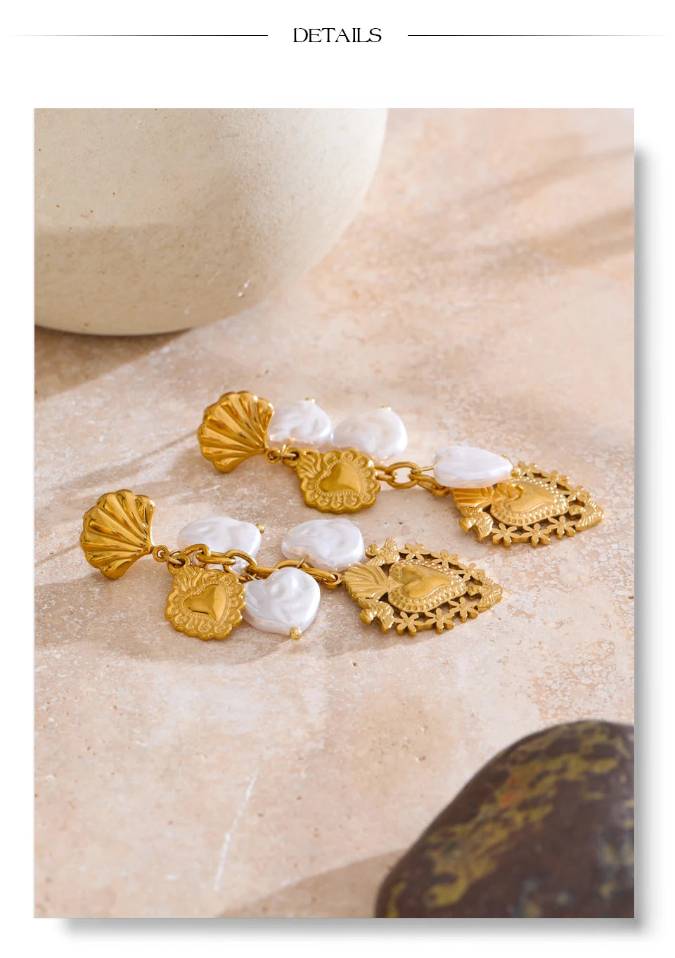 Pearl Heart Earrings — Gold-Plated Stainless Steel with Pearl · PS1587