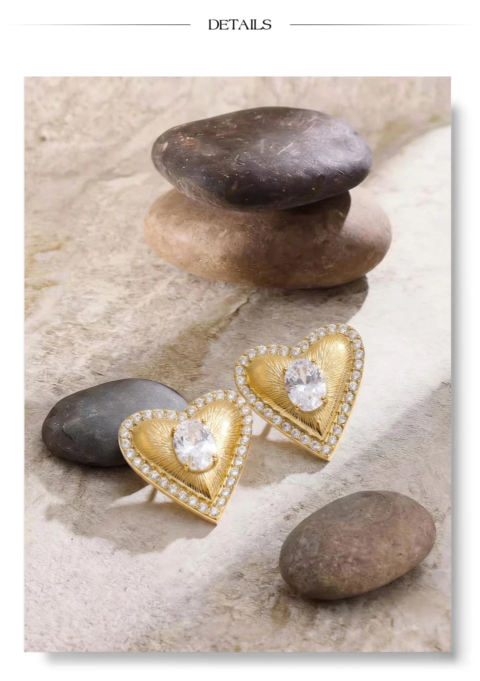 Cubic zirconia heart earrings in gold-plated stainless steel with cubic zirconia.