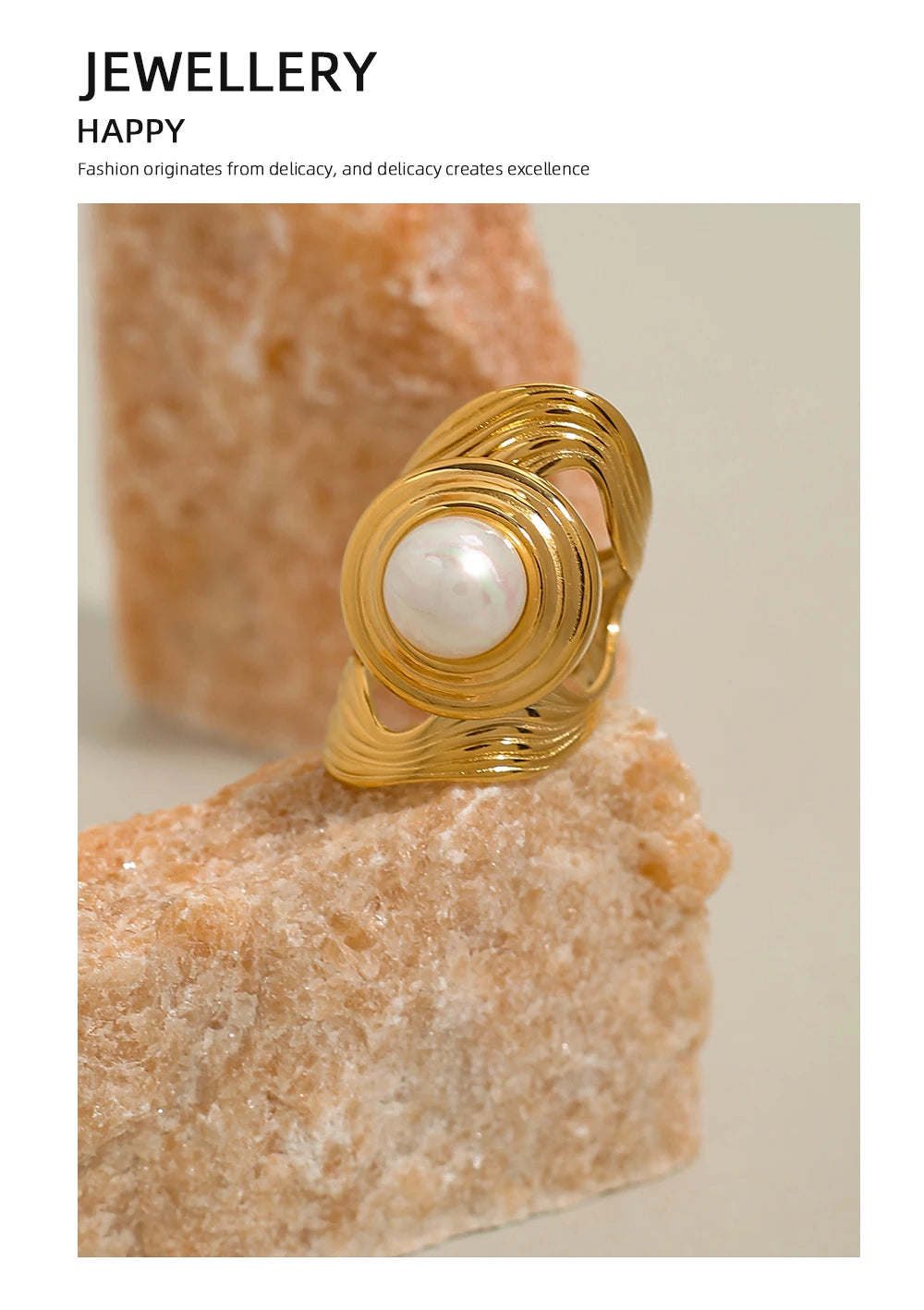 Wide Natural Stone Metal Texture Ring — 316L Stainless Steel · PS454