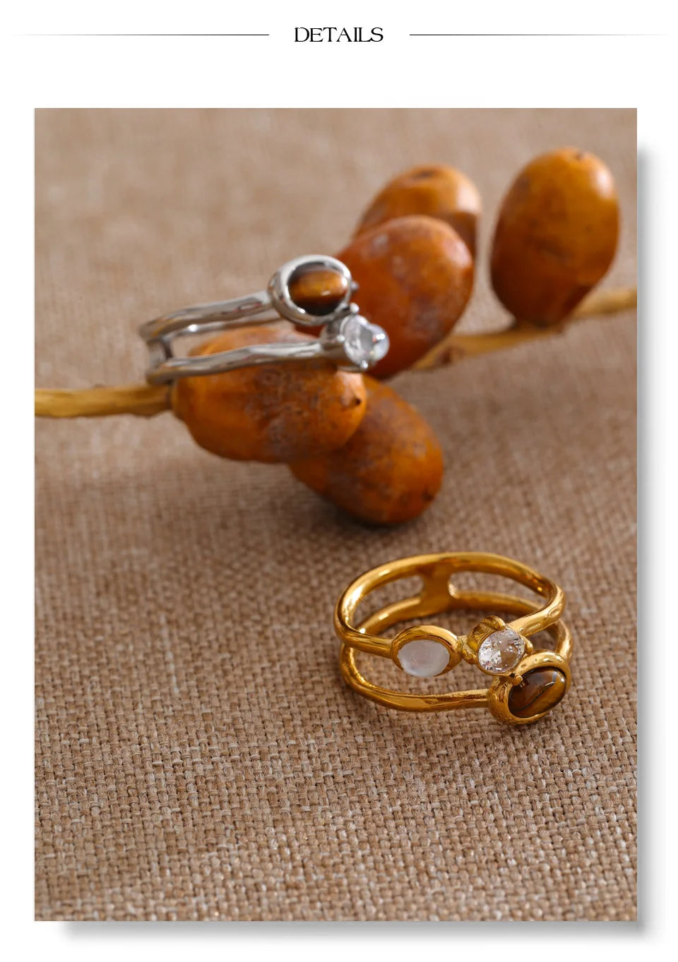 Cubic zirconia natural stone geometric ring in 18K gold-plated stainless steel with cubic zirconia and natural stone.