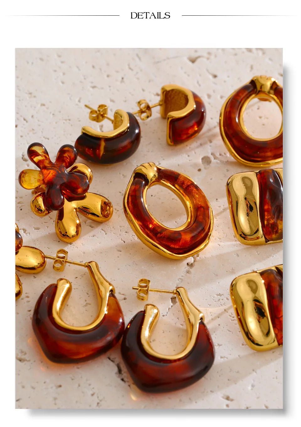 Resin multi-color geometric earrings in gold-plated stainless steel with resin.