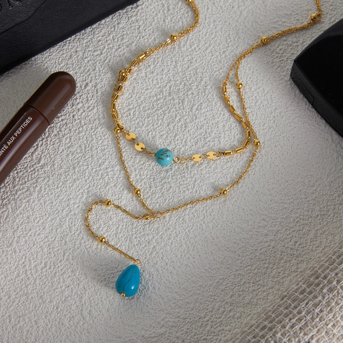 Turquoise CZ Layered Necklace — Stainless Steel · PS351
