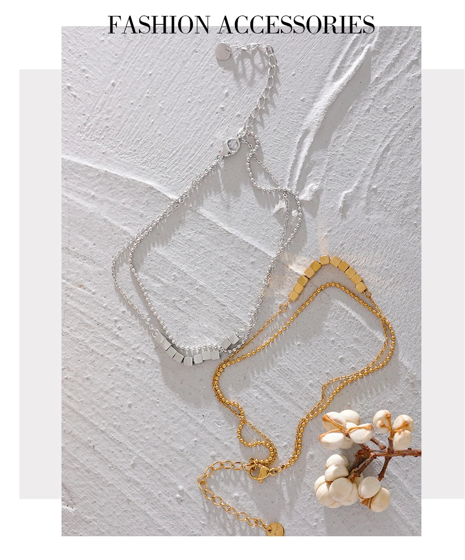 Beaded Geometric Chain Anklet — Gold-Plated Stainless Steel · PS2297