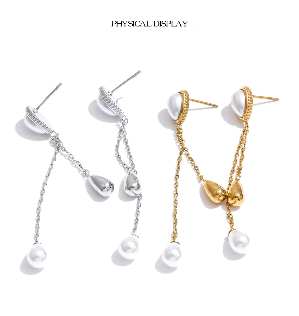Pearl geometric chain earrings in gold-plated stainless steel with pearl.