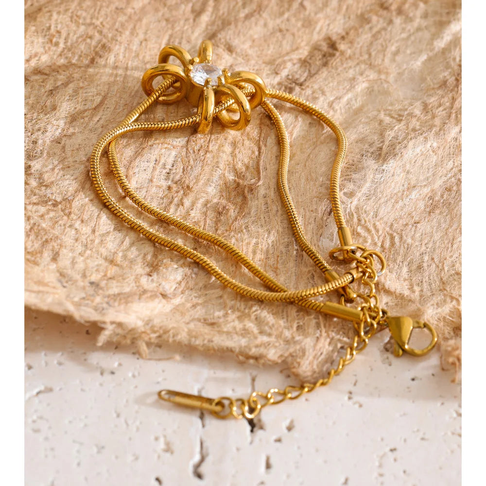 Cubic Zirconia Flower Geometric Bracelet — Gold-Plated Stainless Steel with Cubic Zirconia · PS1406