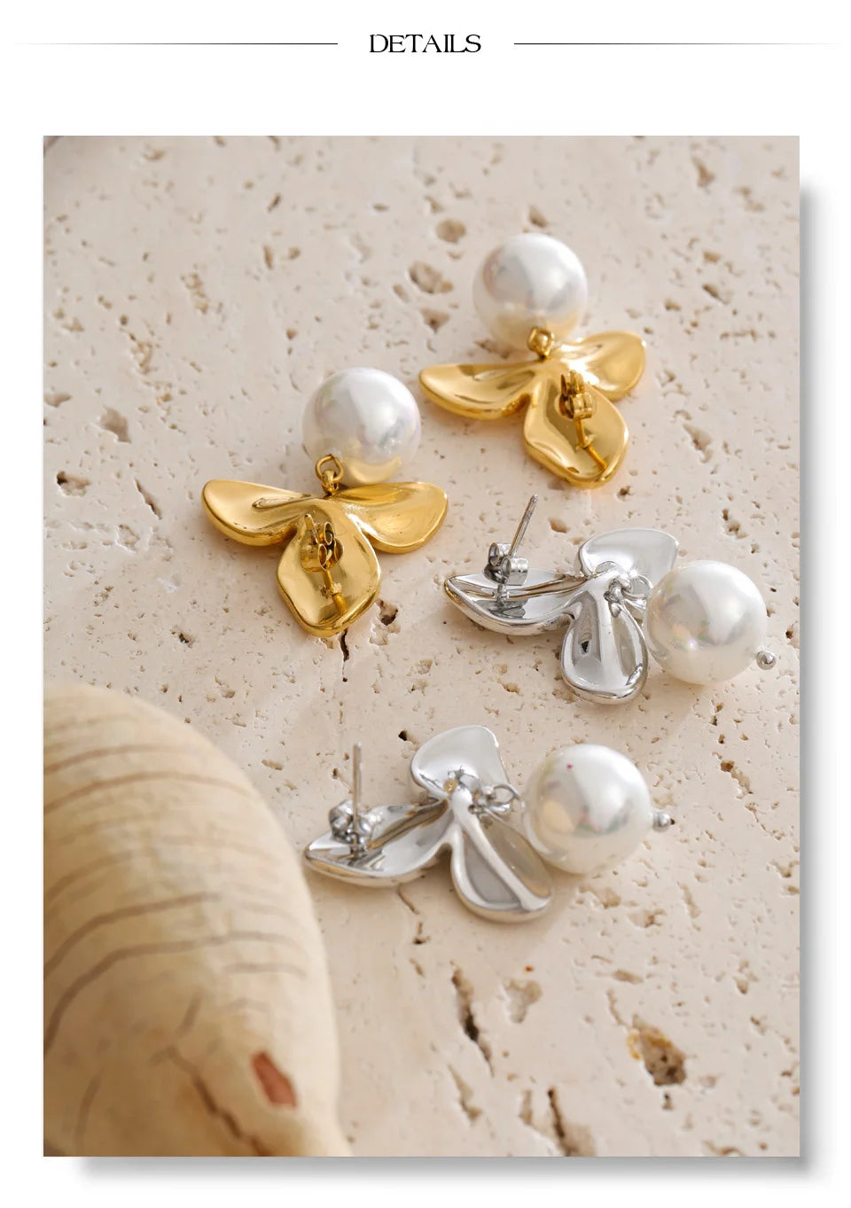 Pearl flower earrings in gold-plated stainless steel with pearl.