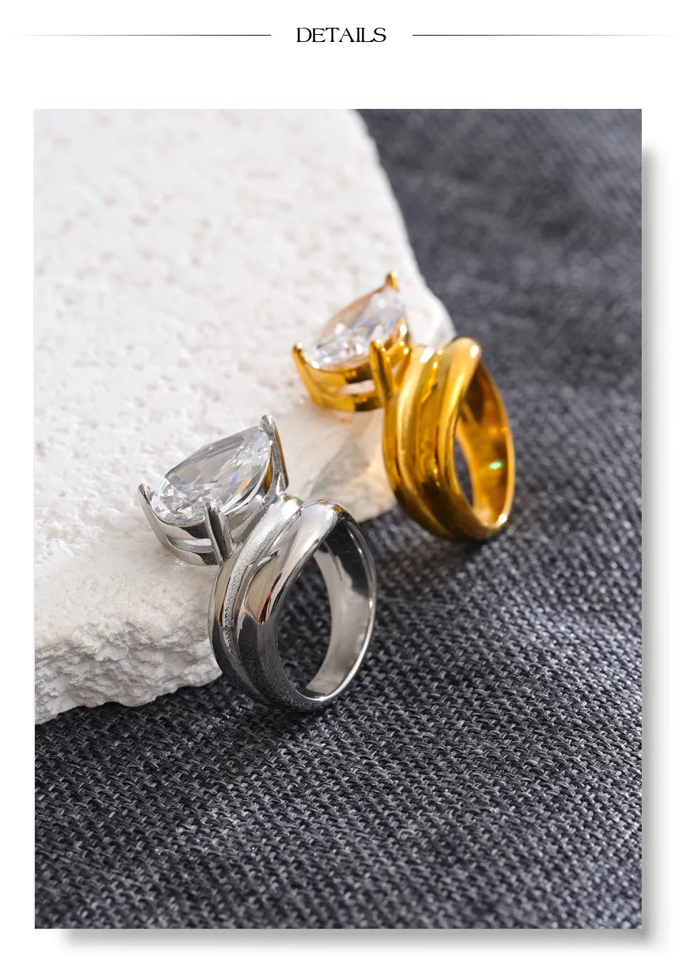Cubic zirconia geometric ring in 18K gold-plated stainless steel with cubic zirconia.