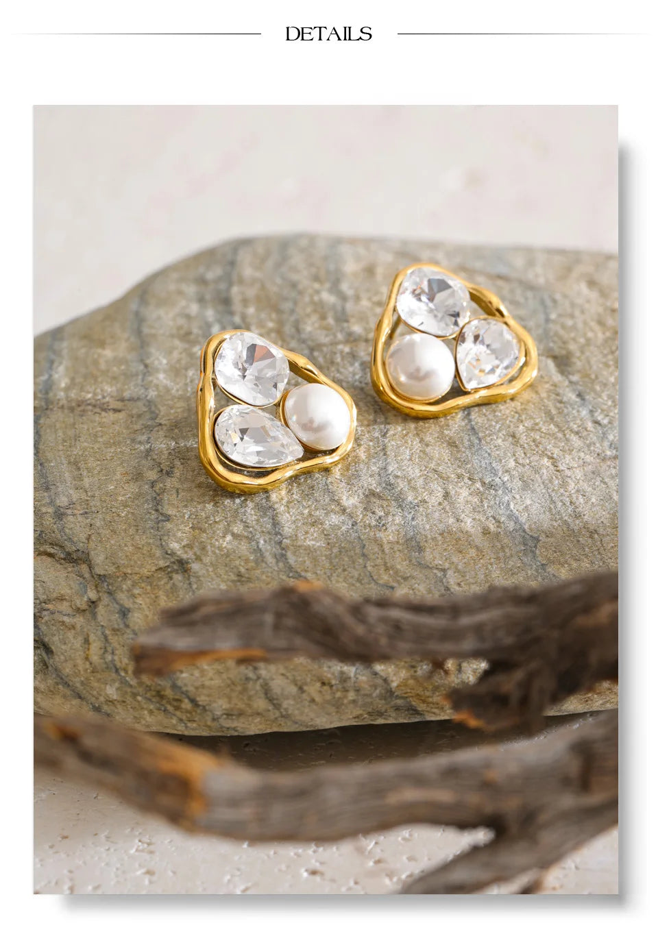 Cubic Zirconia Pearl Geometric Earrings — Gold-Plated Stainless Steel with Pearl and Cubic Zirconia · PS1441