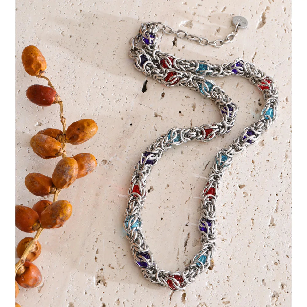 Glass natural stone multi-color necklace in gold-plated stainless steel with natural stone.
