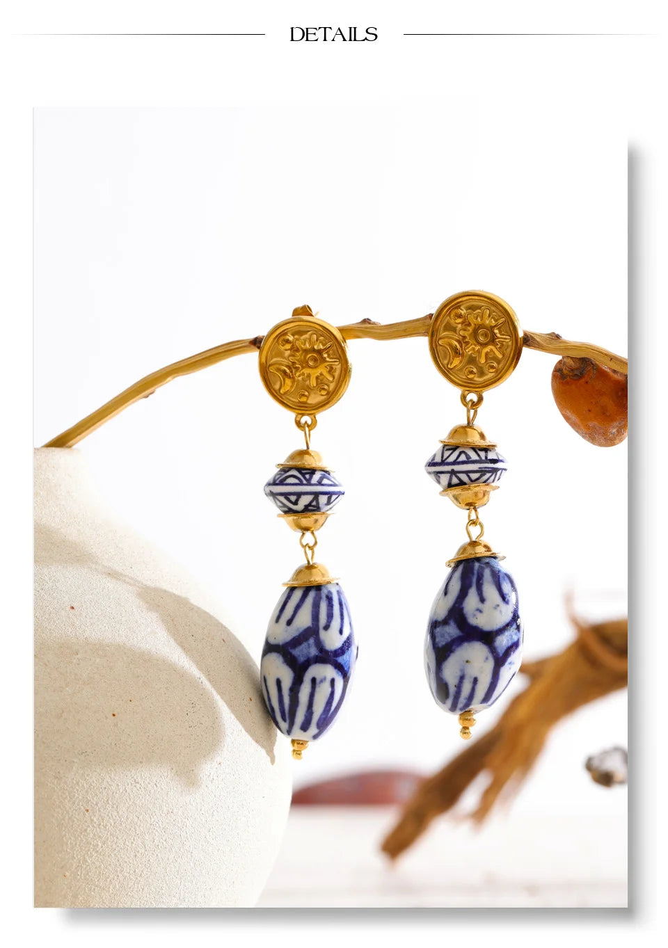 Blue geometric earrings in gold-plated stainless steel.