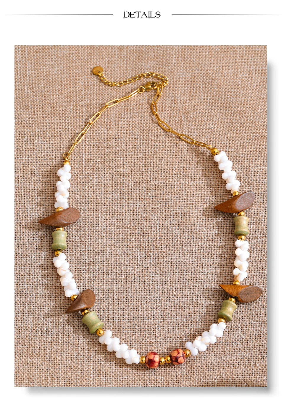 Shell beaded geometric necklace in gold-plated stainless steel with shell.