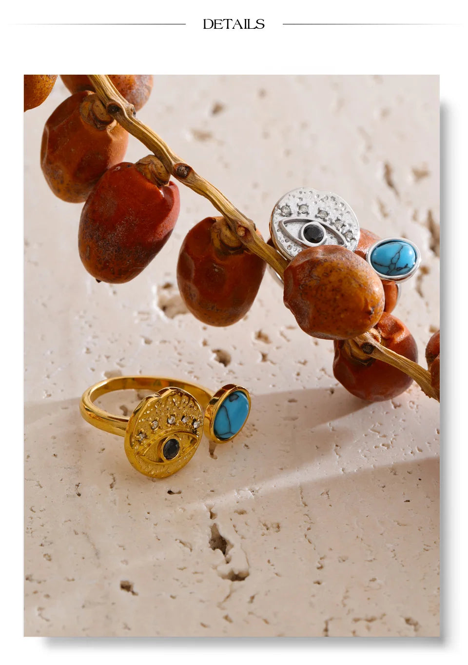 Cubic zirconia natural stone geometric ring in 18K gold-plated stainless steel with cubic zirconia and natural stone.