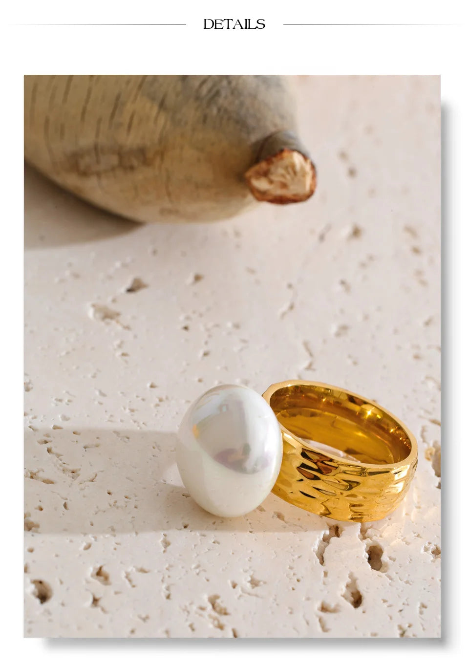 Pearl shell geometric ring in 18K gold-plated stainless steel with pearl and shell.