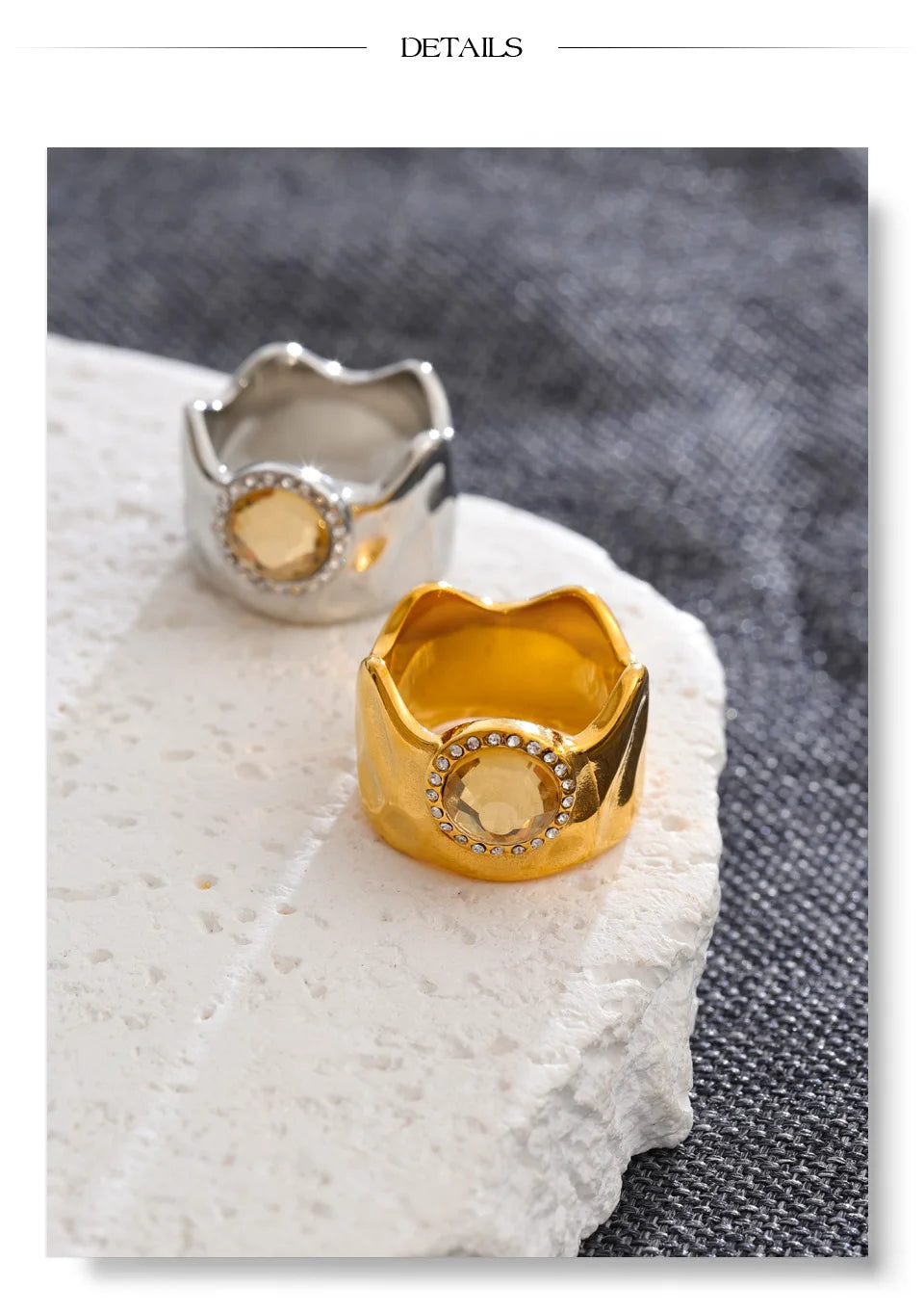 Cubic zirconia geometric ring in 18K gold-plated stainless steel with cubic zirconia.