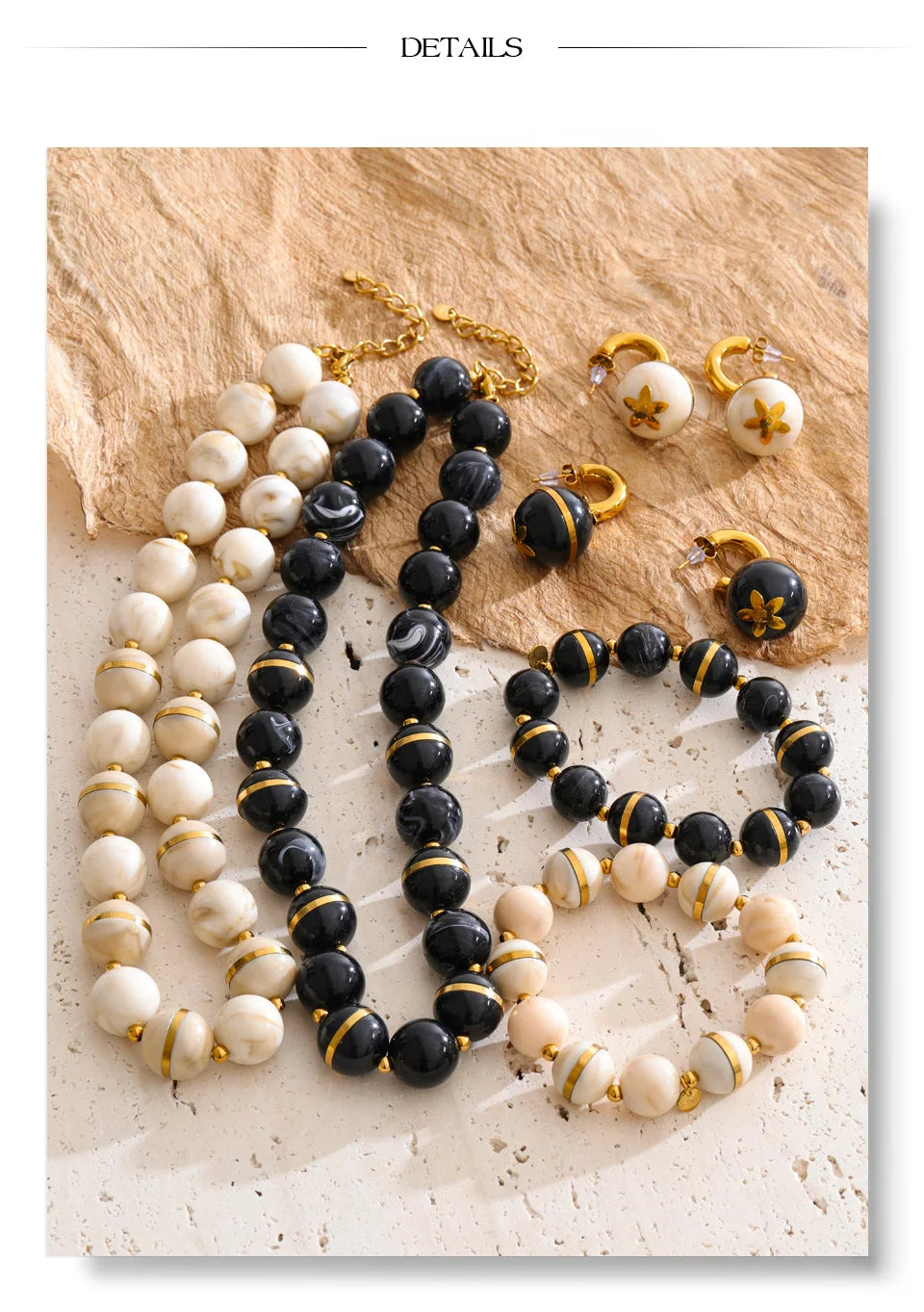 Resin acrylic beaded earrings in gold-plated stainless steel with resin and acrylic.