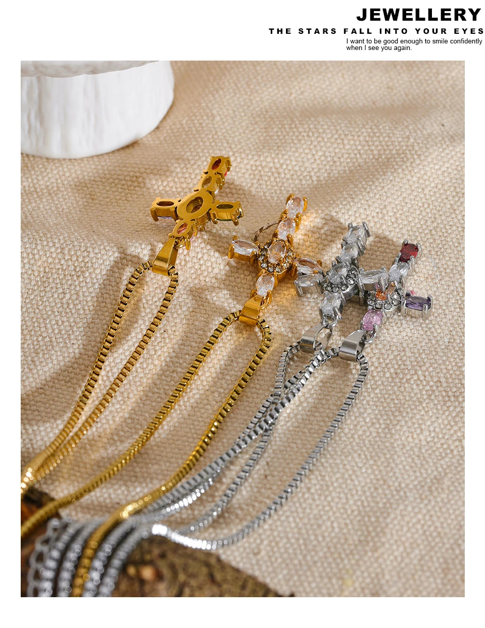 Cubic zirconia cross multi-color necklace in gold-plated stainless steel with cubic zirconia.
