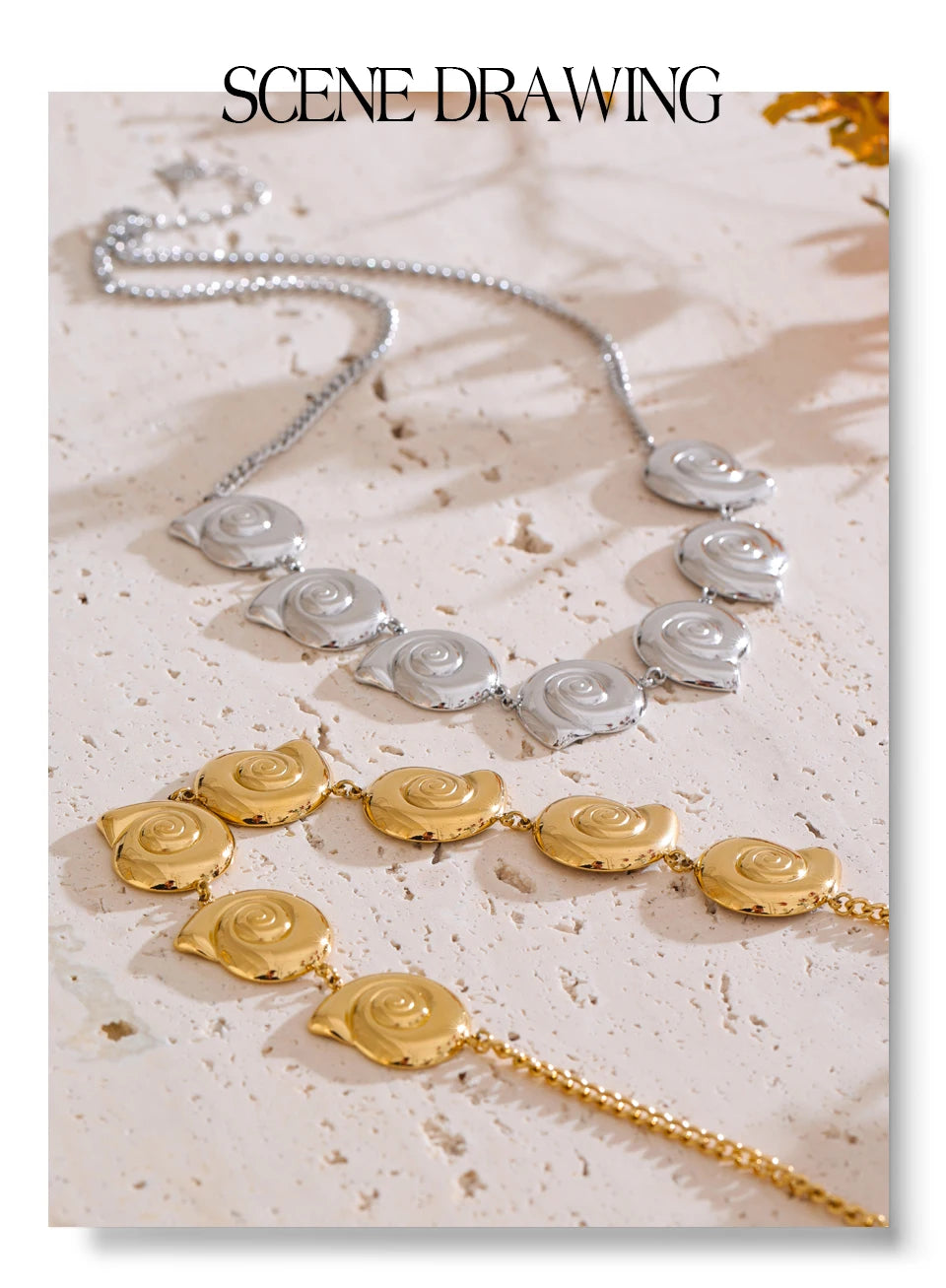 Shell geometric chain necklace in gold-plated stainless steel with shell.