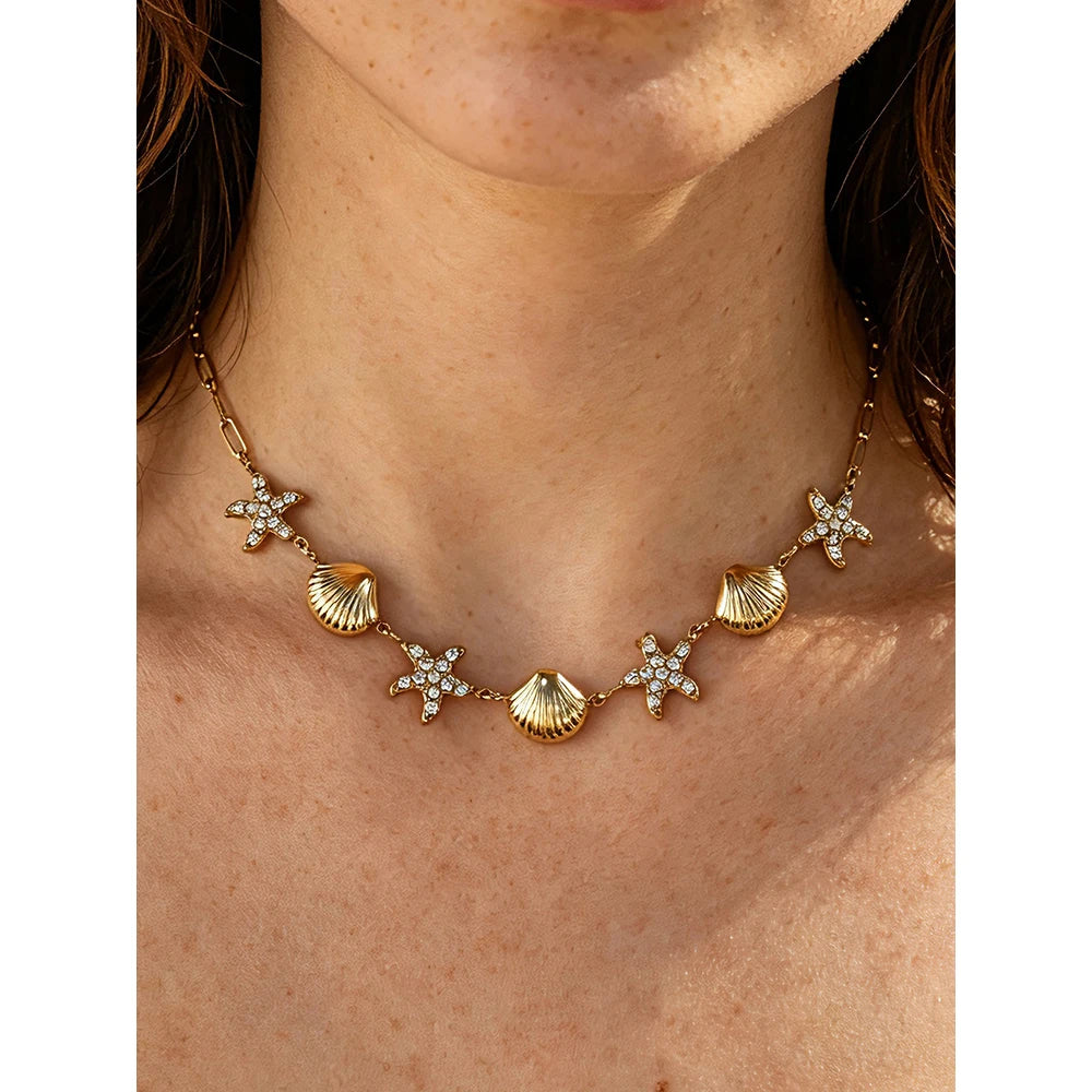 Necklace Starfish Shell Choker Beach Vacation — 316L Stainless Steel · PS398