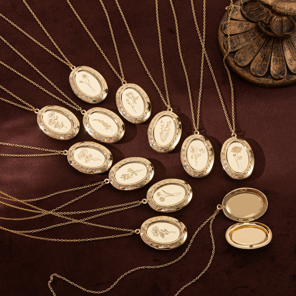 December Flower Opening and Closing Album Necklace Oval Flower Pendant Birth Flower Clavicle Chain Gold Plated Color Preserved