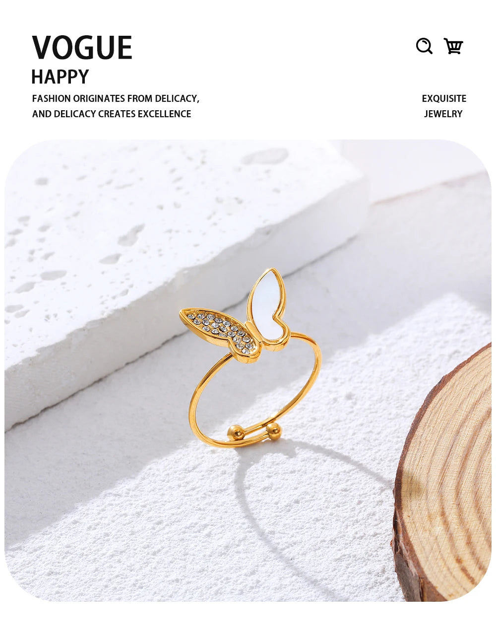 Butterfly Adjustable Ring Crystal Shell — 316L Stainless Steel · PS458