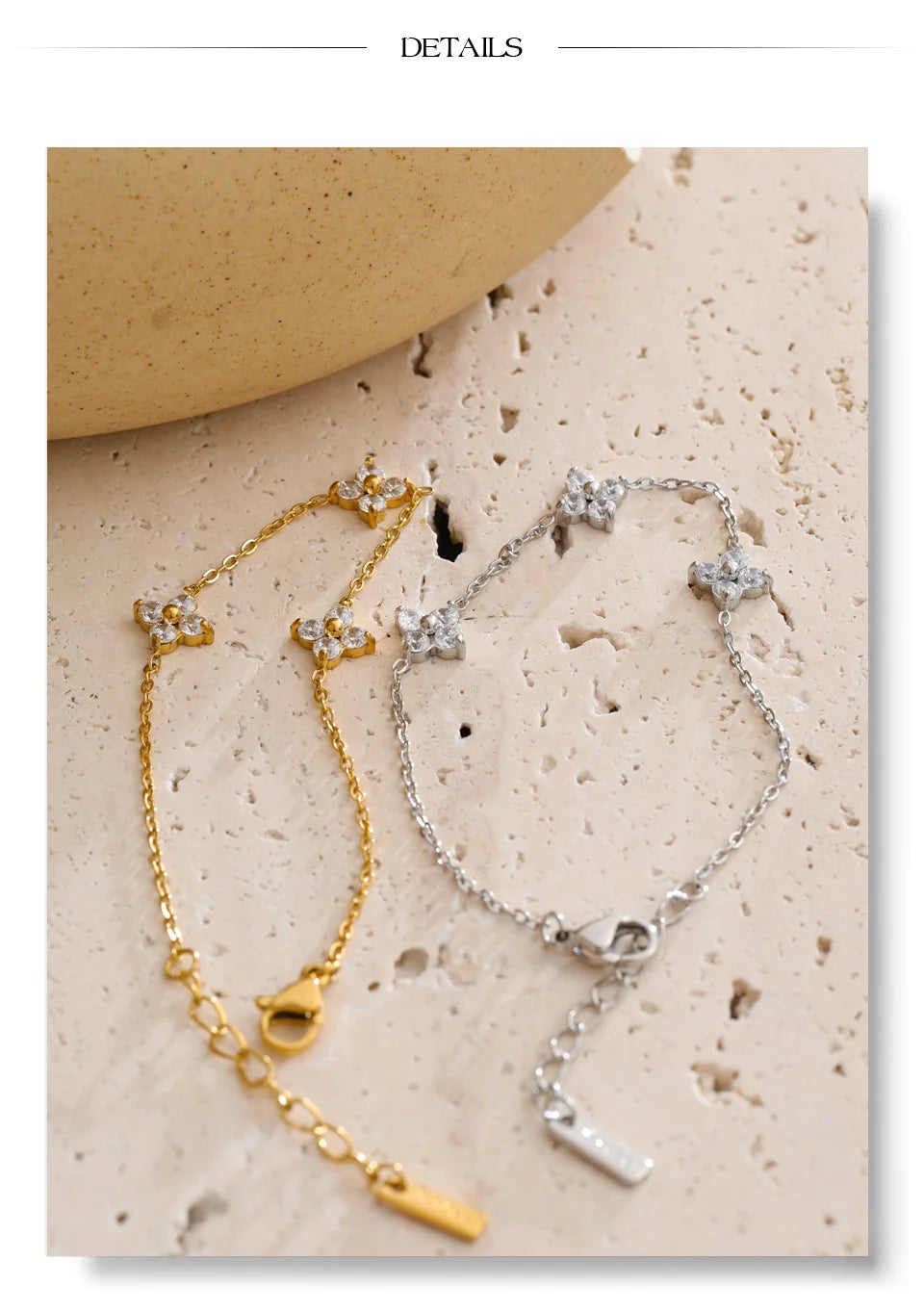 Cubic Zirconia Flower Chain Bracelet — Gold-Plated Stainless Steel with Cubic Zirconia · PS1539