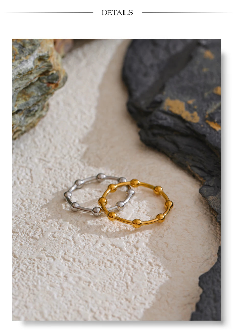 Beaded minimalist geometric ring in 18K gold-plated stainless steel.