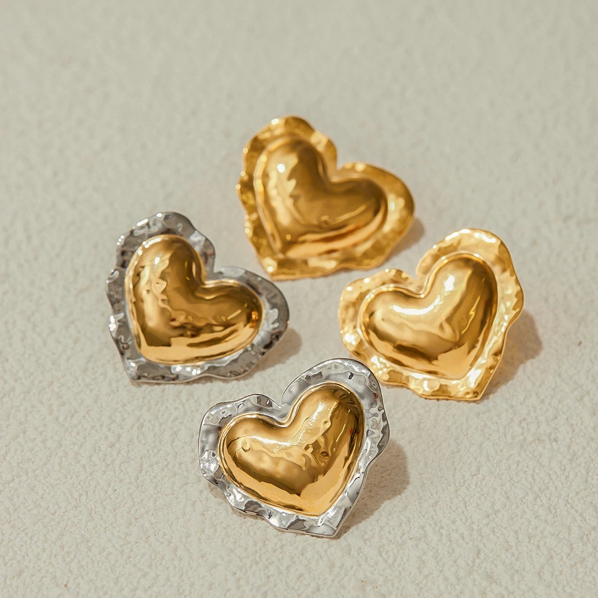 Two-Tone Puffy Heart Earrings — Stainless Steel · PS062