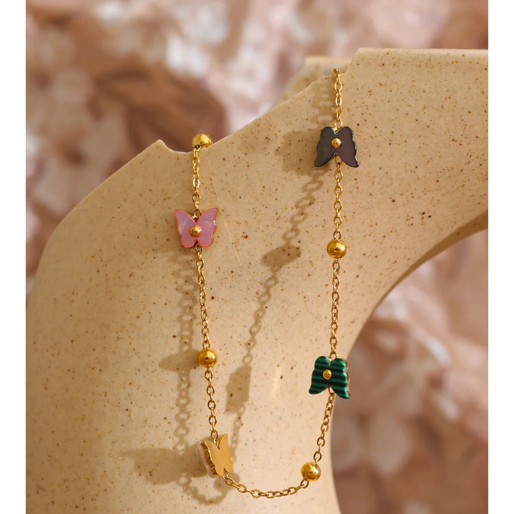 Shell Natural Stone Butterfly Bracelet — Gold-Plated Stainless Steel with Natural Stone and Shell · PS1015