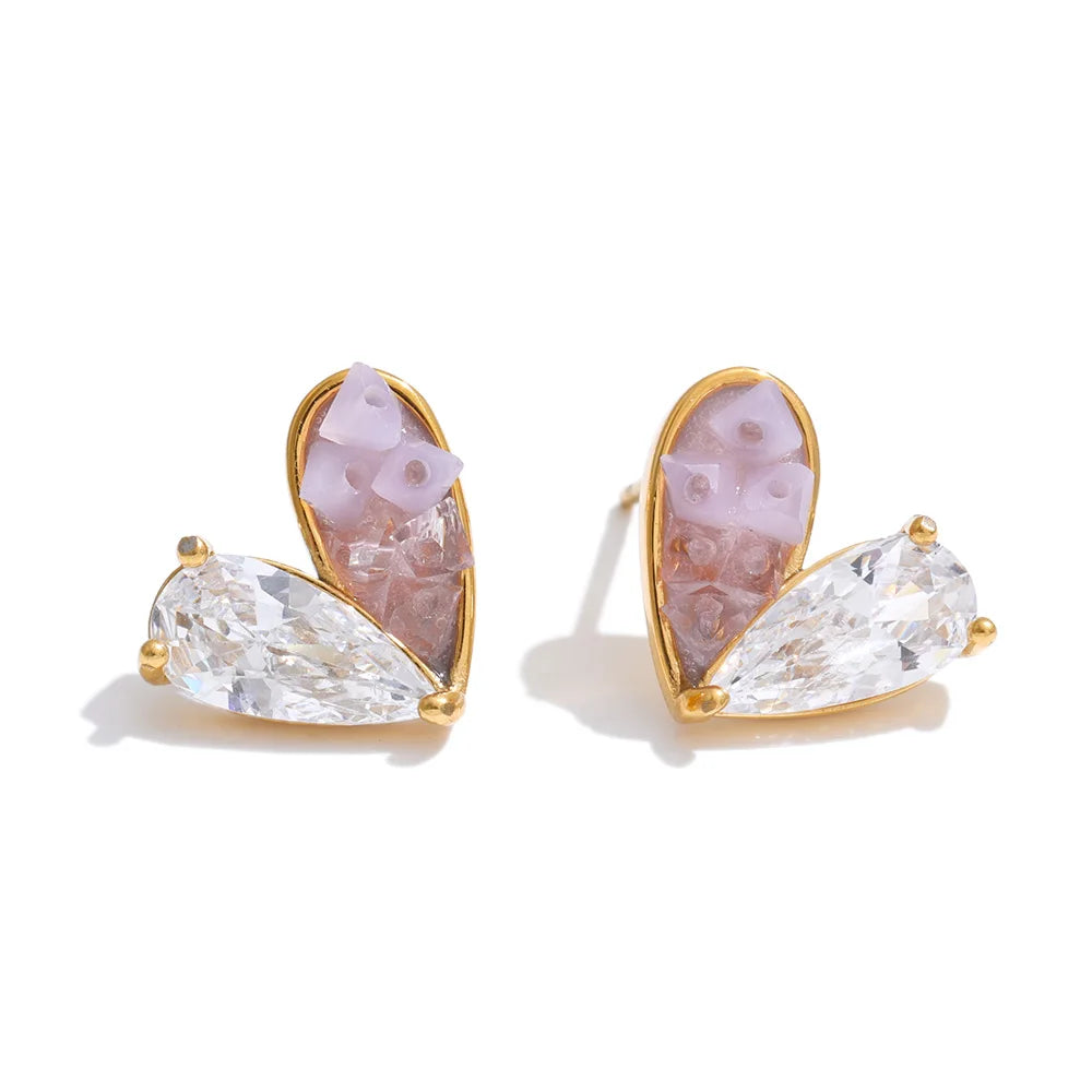 Cubic zirconia resin heart earrings in gold-plated stainless steel with cubic zirconia and resin.