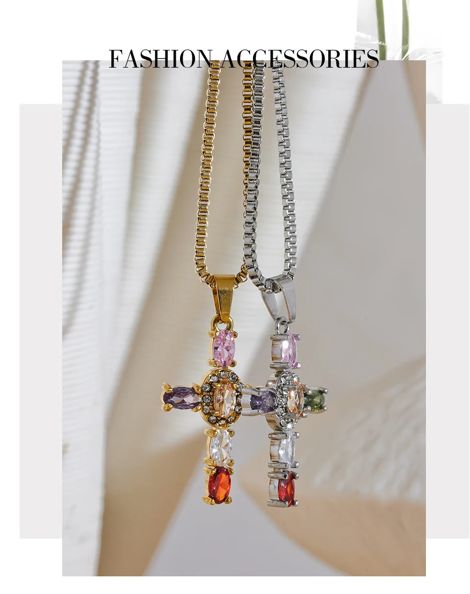Cubic zirconia cross multi-color necklace in gold-plated stainless steel with cubic zirconia.